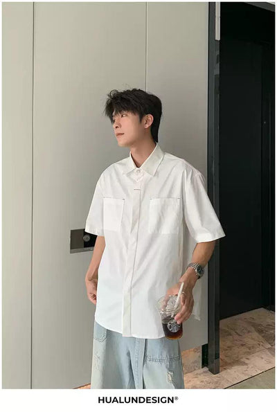 Hua Breast Pocket Hidden Button Shirt-korean-fashion-Shirt-Hua's Closet-OH Garments