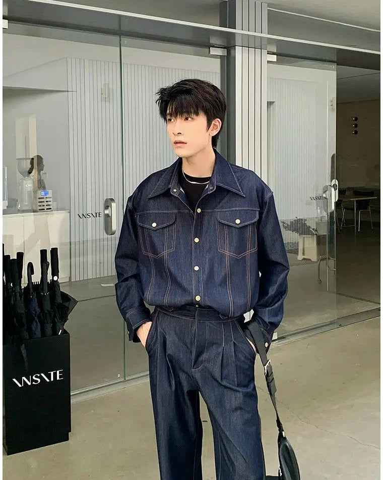 Hua Breast Pocket Vintage Denim Shirt & Jeans Set-korean-fashion-Clothing Set-Hua's Closet-OH Garments