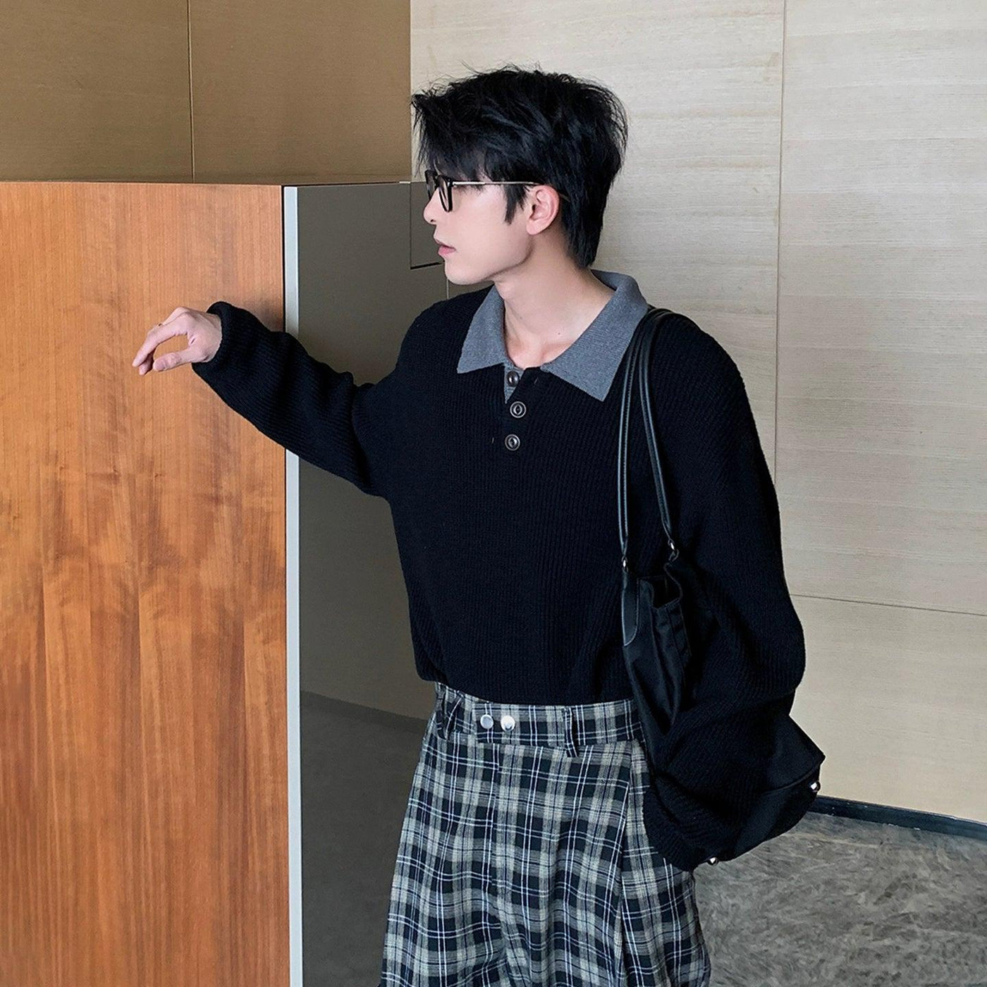 Hua Contrast Collar Textured Knit Polo-korean-fashion-Polo-Hua's Closet-OH Garments