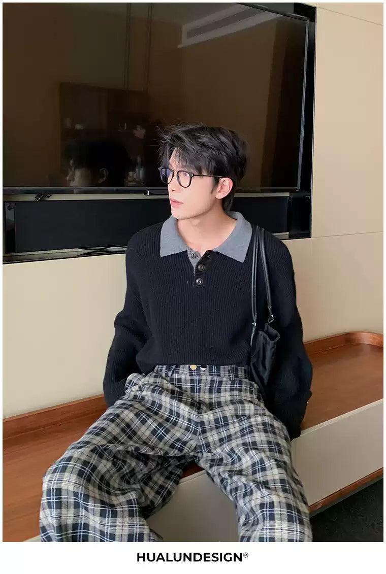 Hua Contrast Collar Textured Knit Polo-korean-fashion-Polo-Hua's Closet-OH Garments