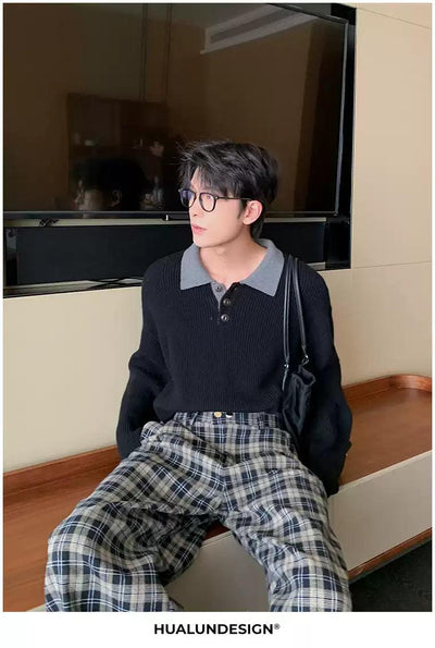 Hua Contrast Collar Textured Knit Polo-korean-fashion-Polo-Hua's Closet-OH Garments