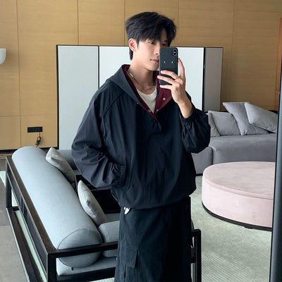 Hua Contrast Hood Half-Buttoned Jacket-korean-fashion-Jacket-Hua's Closet-OH Garments