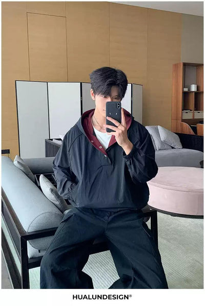 Hua Contrast Hood Half-Buttoned Jacket-korean-fashion-Jacket-Hua's Closet-OH Garments