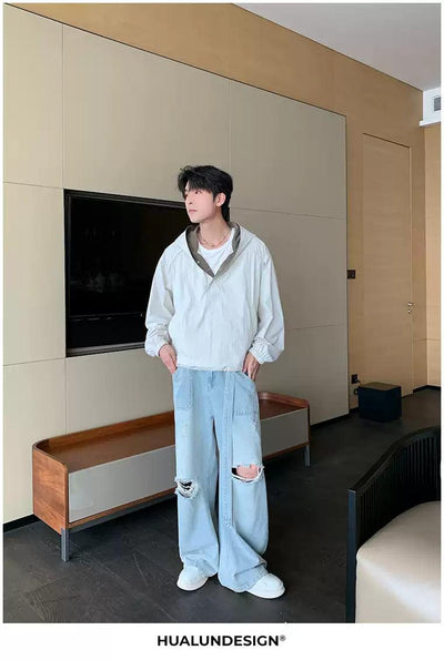 Hua Contrast Hood Half-Buttoned Jacket-korean-fashion-Jacket-Hua's Closet-OH Garments