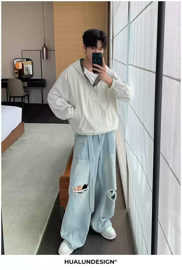 Hua Contrast Hood Half-Buttoned Jacket-korean-fashion-Jacket-Hua's Closet-OH Garments