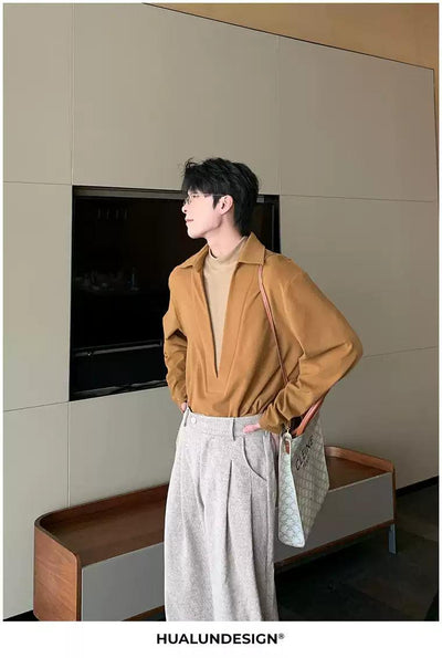 Hua Contrast Layered Deep V-Neck T-Shirt-korean-fashion-T-Shirt-Hua's Closet-OH Garments