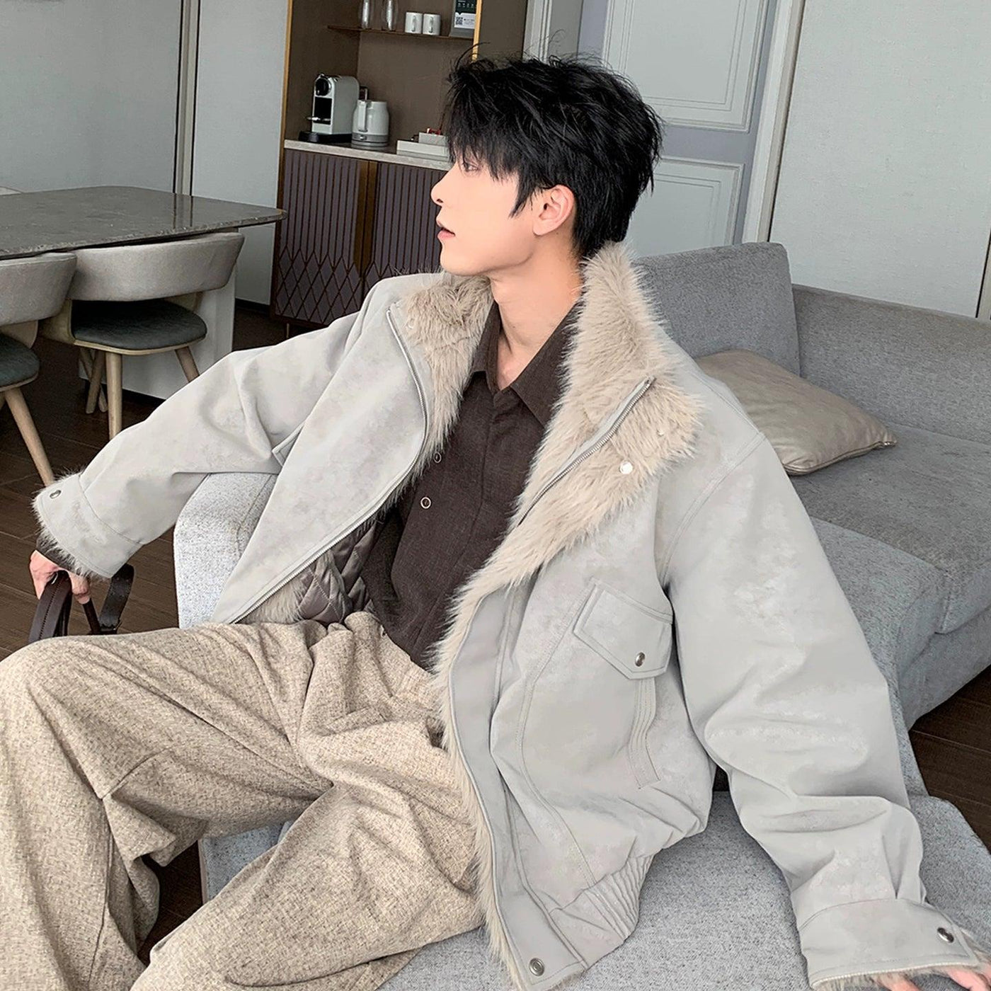 Hua Fur-Trimmed Lined Micro Suede Jacket-korean-fashion-Jacket-Hua's Closet-OH Garments