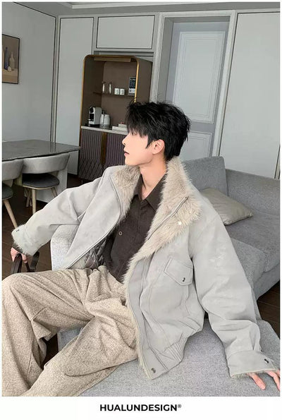 Hua Fur-Trimmed Lined Micro Suede Jacket-korean-fashion-Jacket-Hua's Closet-OH Garments