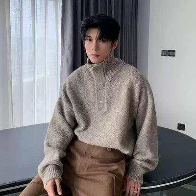 Hua Half-Buttons Ribbed Hem Turtleneck-korean-fashion-Turtleneck-Hua's Closet-OH Garments