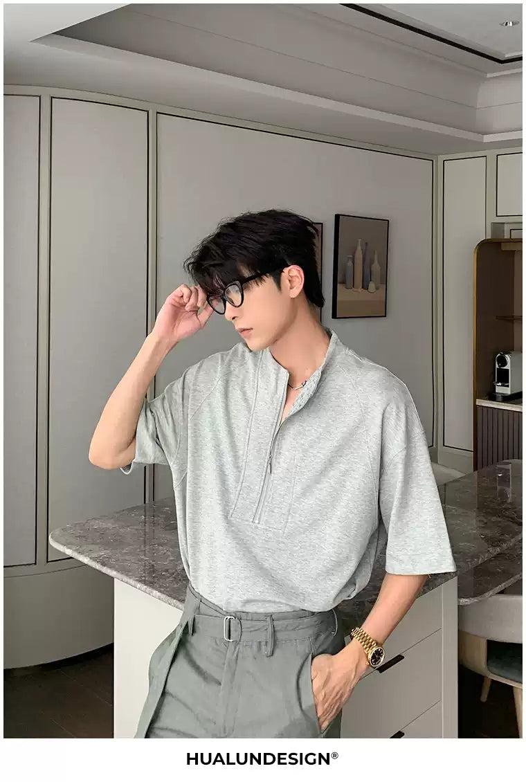 Hua Half-Zipped Versatile T-Shirt-korean-fashion-T-Shirt-Hua's Closet-OH Garments