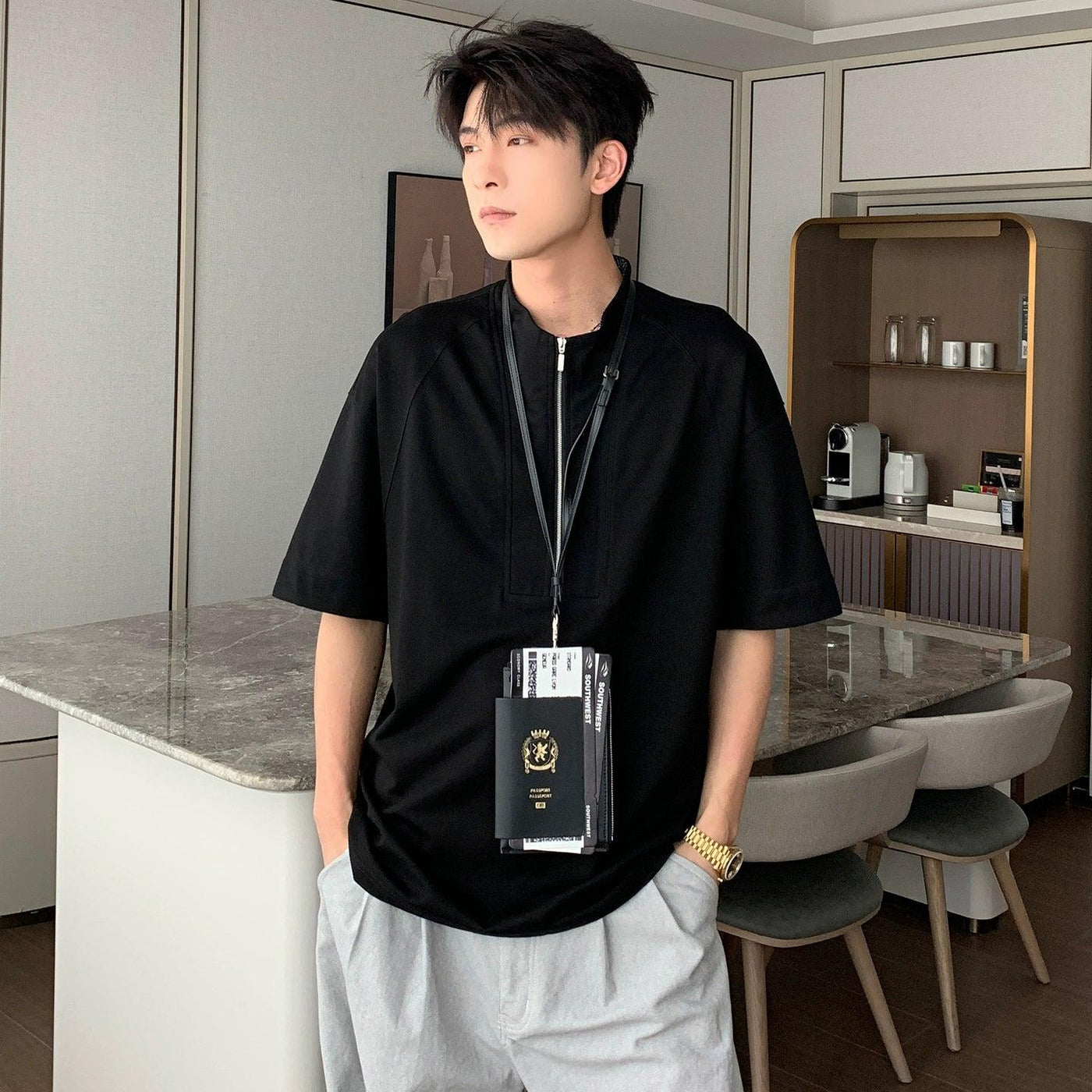 Hua Half-Zipped Versatile T-Shirt-korean-fashion-T-Shirt-Hua's Closet-OH Garments