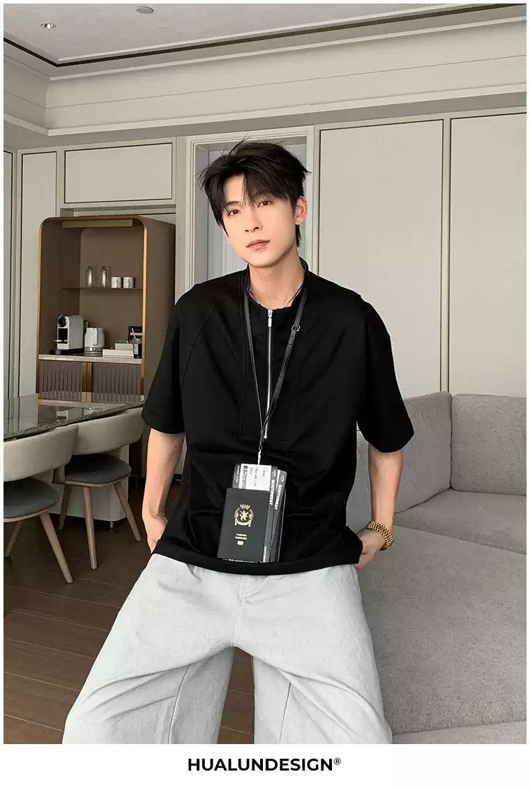 Hua Half-Zipped Versatile T-Shirt-korean-fashion-T-Shirt-Hua's Closet-OH Garments