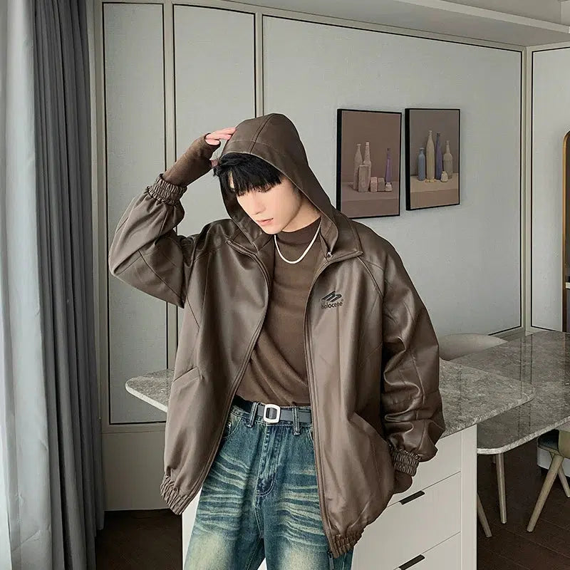 Hua Hooded Faux Leather Jacket-korean-fashion-Jacket-Hua's Closet-OH Garments