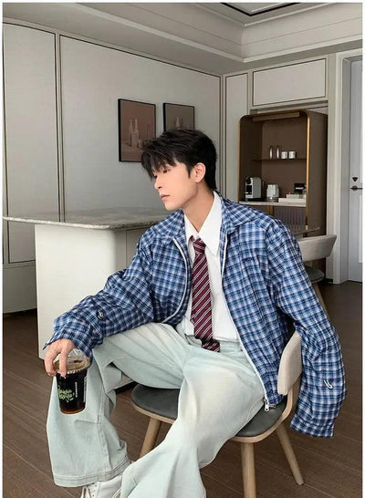 Hua Ruched Hem Plaid Jacket-korean-fashion-Jacket-Hua's Closet-OH Garments