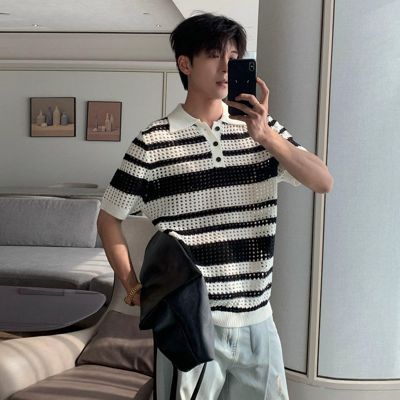 Hua Striped Hollow Knit Polo-korean-fashion-Polo-Hua's Closet-OH Garments