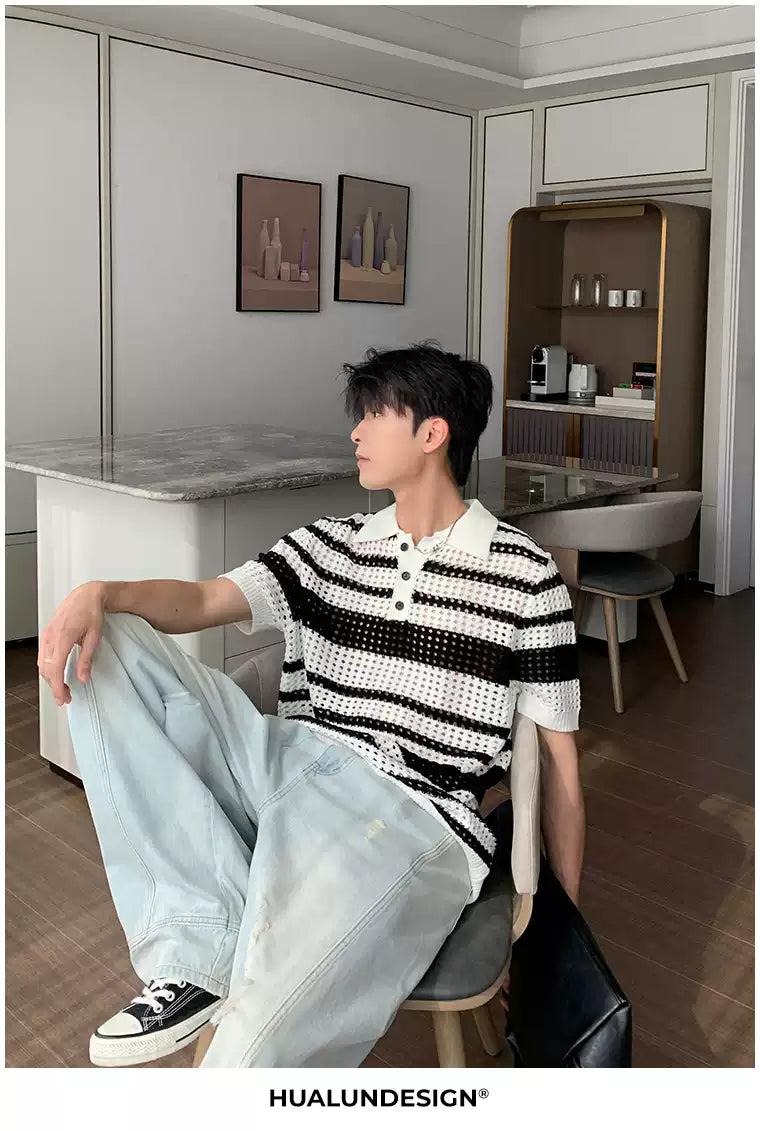 Hua Striped Hollow Knit Polo-korean-fashion-Polo-Hua's Closet-OH Garments