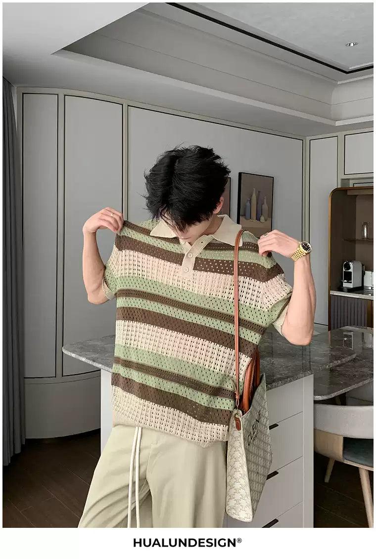 Hua Striped Hollow Knit Polo-korean-fashion-Polo-Hua's Closet-OH Garments
