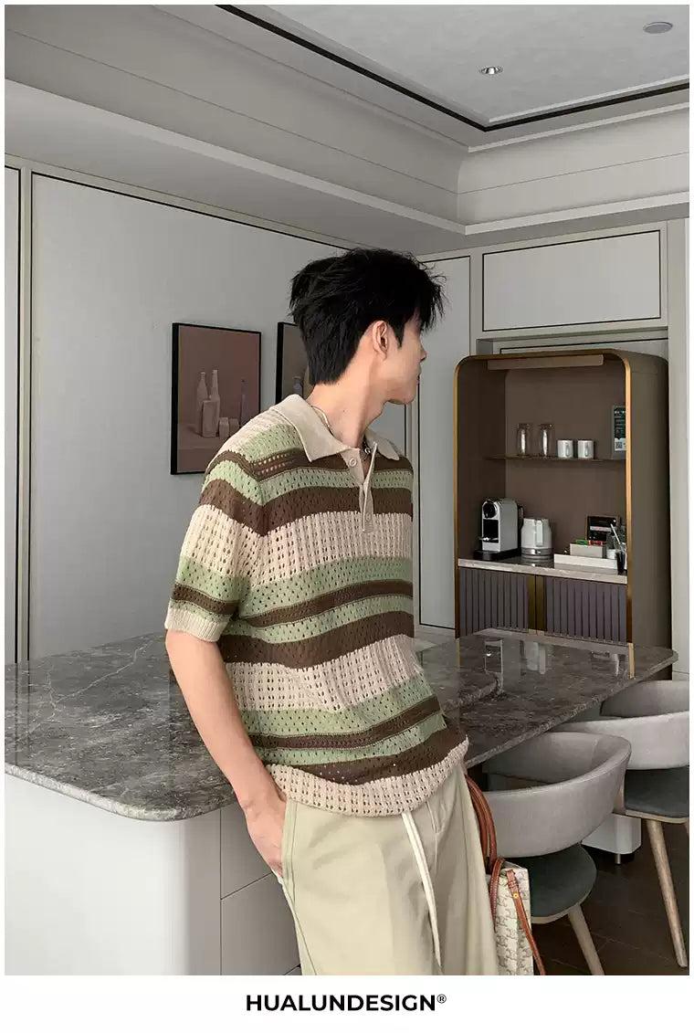 Hua Striped Hollow Knit Polo-korean-fashion-Polo-Hua's Closet-OH Garments