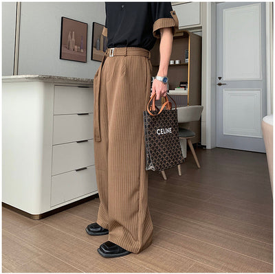 Hua Stripes Panel Knit Polo & Buckled Strap Pants Set-korean-fashion-Clothing Set-Hua's Closet-OH Garments