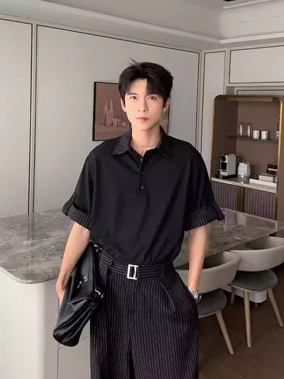 Hua Stripes Panel Knit Polo & Buckled Strap Pants Set-korean-fashion-Clothing Set-Hua's Closet-OH Garments