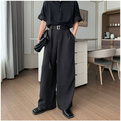 Hua Stripes Panel Knit Polo & Buckled Strap Pants Set-korean-fashion-Clothing Set-Hua's Closet-OH Garments