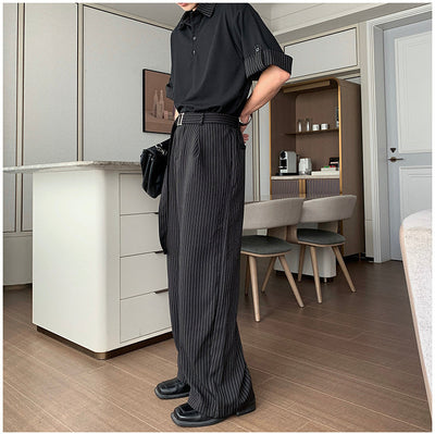 Hua Stripes Panel Knit Polo & Buckled Strap Pants Set-korean-fashion-Clothing Set-Hua's Closet-OH Garments