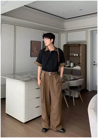Hua Stripes Panel Knit Polo & Buckled Strap Pants Set-korean-fashion-Clothing Set-Hua's Closet-OH Garments