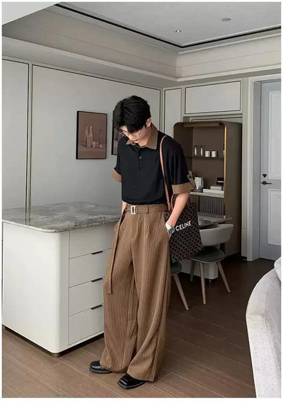 Hua Stripes Panel Knit Polo & Buckled Strap Pants Set-korean-fashion-Clothing Set-Hua's Closet-OH Garments