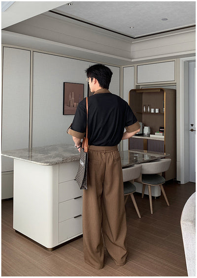 Hua Stripes Panel Knit Polo & Buckled Strap Pants Set-korean-fashion-Clothing Set-Hua's Closet-OH Garments