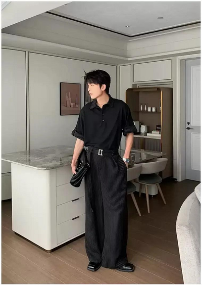 Hua Stripes Panel Knit Polo & Buckled Strap Pants Set-korean-fashion-Clothing Set-Hua's Closet-OH Garments