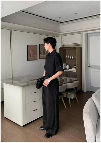 Hua Stripes Panel Knit Polo & Buckled Strap Pants Set-korean-fashion-Clothing Set-Hua's Closet-OH Garments