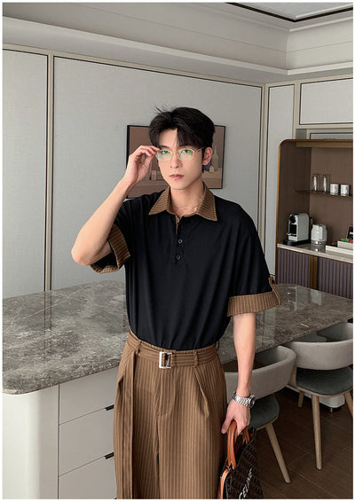 Hua Stripes Panel Knit Polo & Buckled Strap Pants Set-korean-fashion-Clothing Set-Hua's Closet-OH Garments