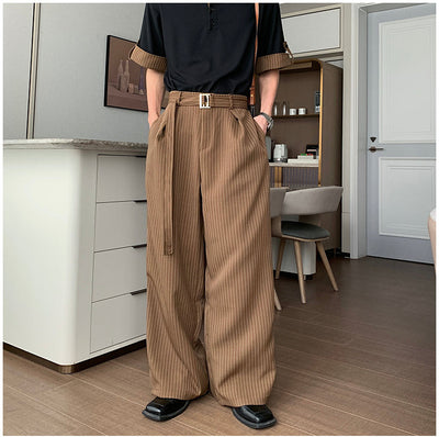 Hua Stripes Panel Knit Polo & Buckled Strap Pants Set-korean-fashion-Clothing Set-Hua's Closet-OH Garments