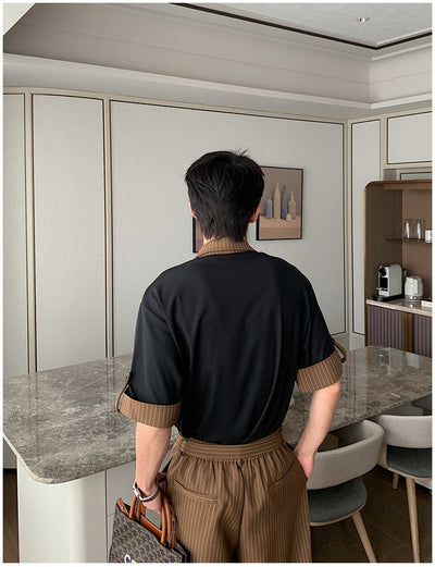 Hua Stripes Panel Knit Polo & Buckled Strap Pants Set-korean-fashion-Clothing Set-Hua's Closet-OH Garments