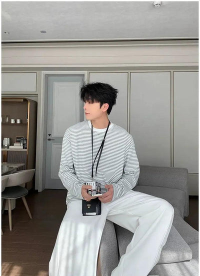Hua Stripes Regular Fit L/S T-Shirt-korean-fashion-T-Shirt-Hua's Closet-OH Garments