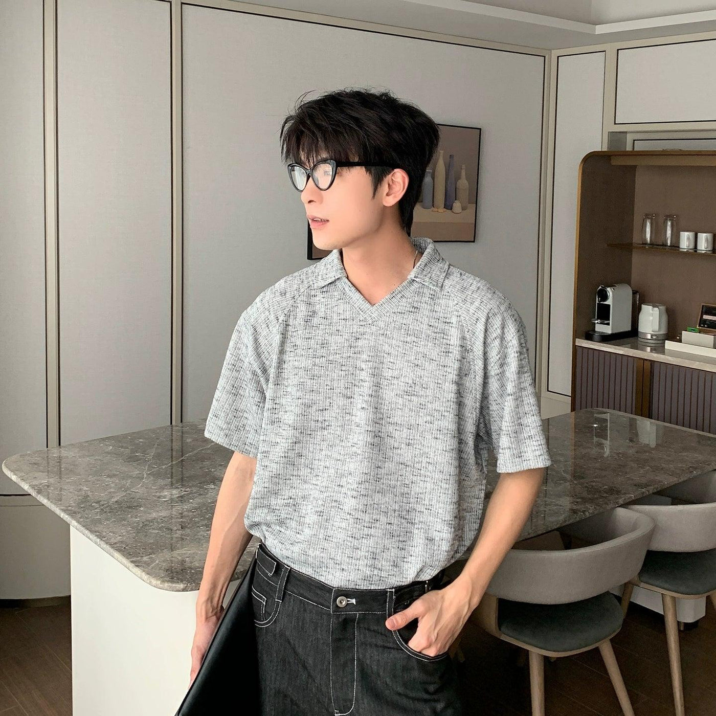 Hua Textured V-Neck Collar Knit T-Shirt-korean-fashion-T-Shirt-Hua's Closet-OH Garments