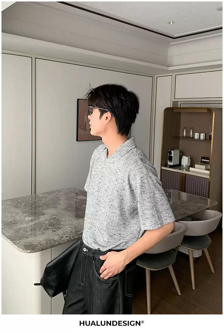 Hua Textured V-Neck Collar Knit T-Shirt-korean-fashion-T-Shirt-Hua's Closet-OH Garments