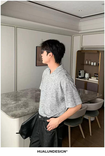 Hua Textured V-Neck Collar Knit T-Shirt-korean-fashion-T-Shirt-Hua's Closet-OH Garments