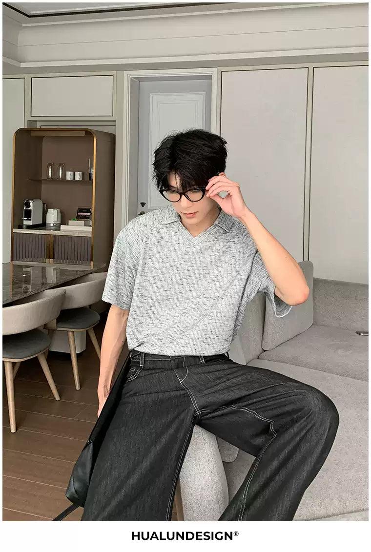 Hua Textured V-Neck Collar Knit T-Shirt-korean-fashion-T-Shirt-Hua's Closet-OH Garments