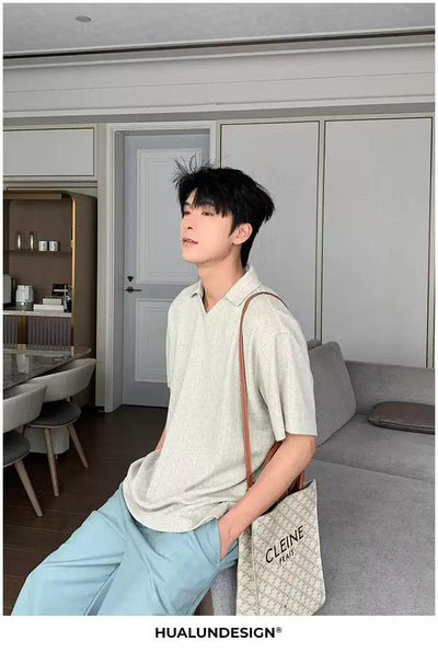 Hua Textured V-Neck Collar Knit T-Shirt-korean-fashion-T-Shirt-Hua's Closet-OH Garments