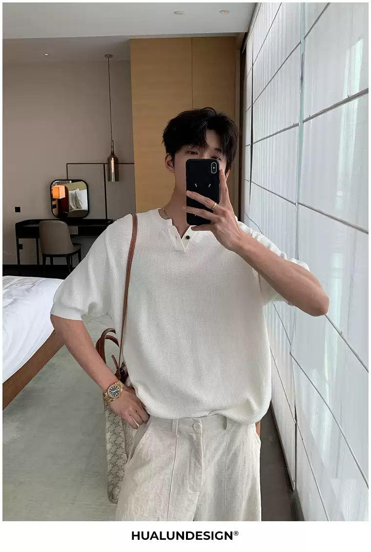 Hua Textured V-Neck Knit T-Shirt-korean-fashion-T-Shirt-Hua's Closet-OH Garments