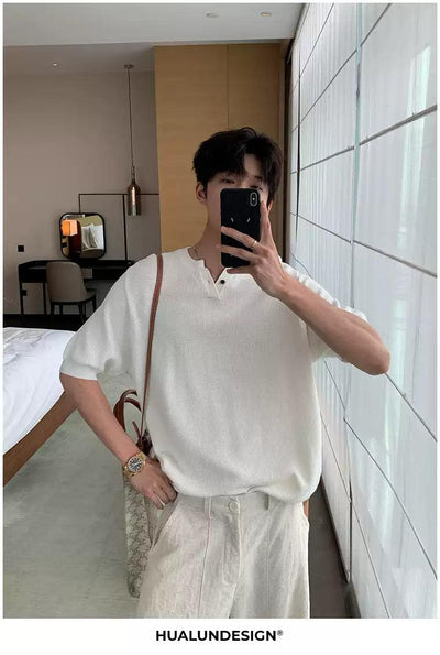 Hua Textured V-Neck Knit T-Shirt-korean-fashion-T-Shirt-Hua's Closet-OH Garments