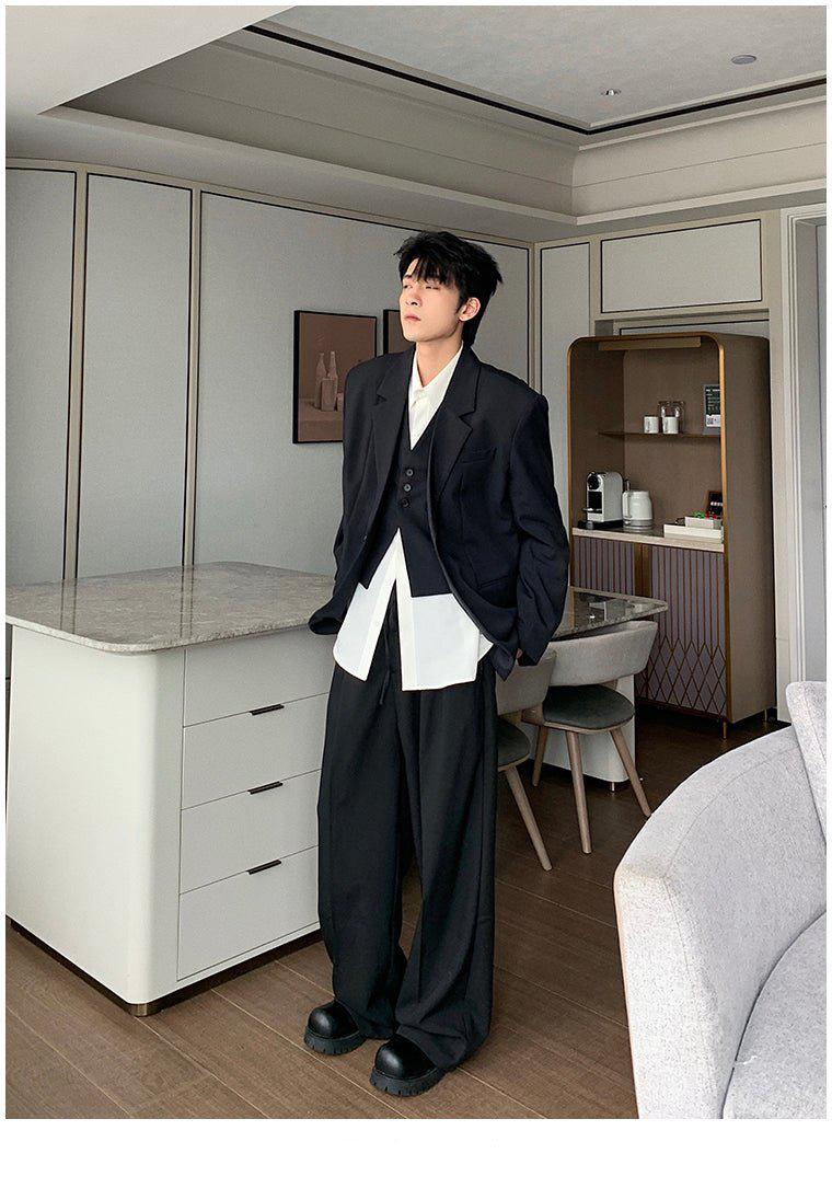 Hua Three-Buttons Vest, Smart Casual Blazer & Drawstring Trousers Set-korean-fashion-Clothing Set-Hua's Closet-OH Garments