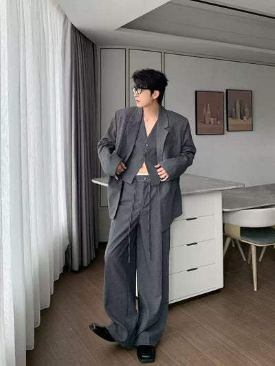 Hua Three-Buttons Vest, Smart Casual Blazer & Drawstring Trousers Set-korean-fashion-Clothing Set-Hua's Closet-OH Garments