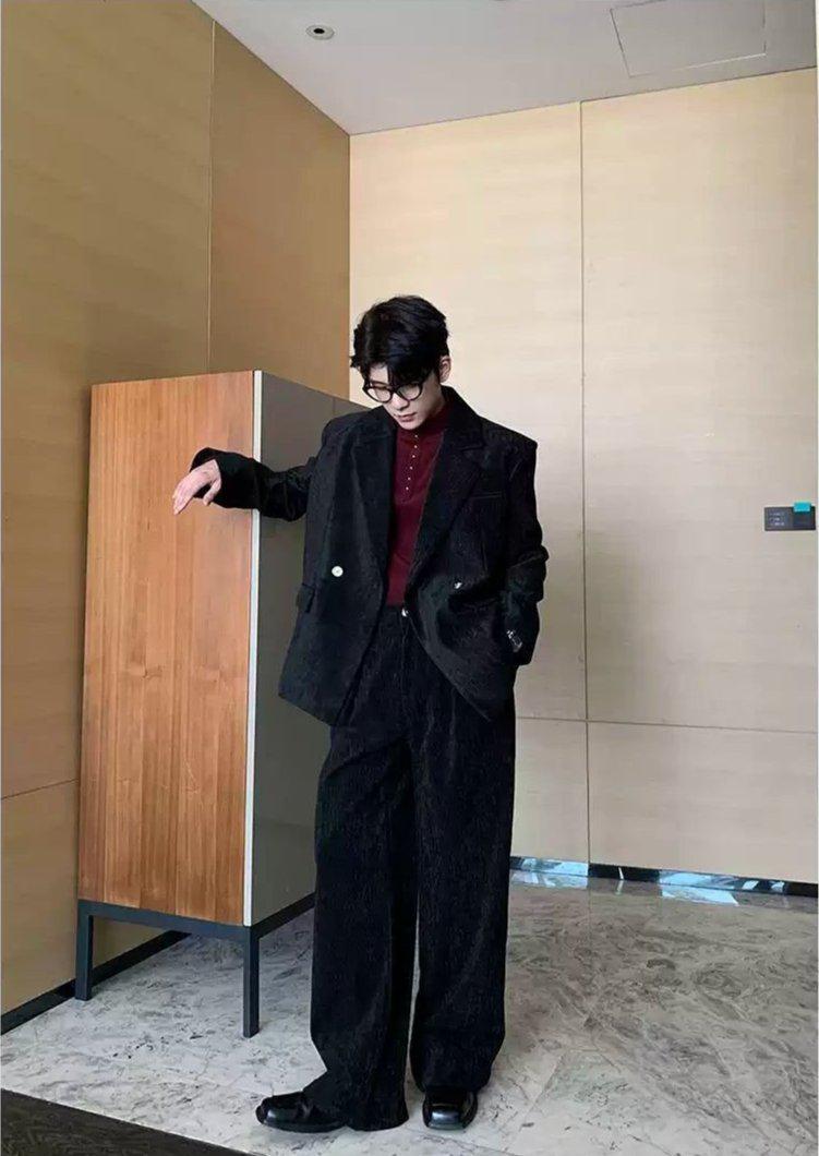 Hua Two-Buttons Pleated Blazer & Relaxed Fit Trousers Set-korean-fashion-Clothing Set-Hua's Closet-OH Garments