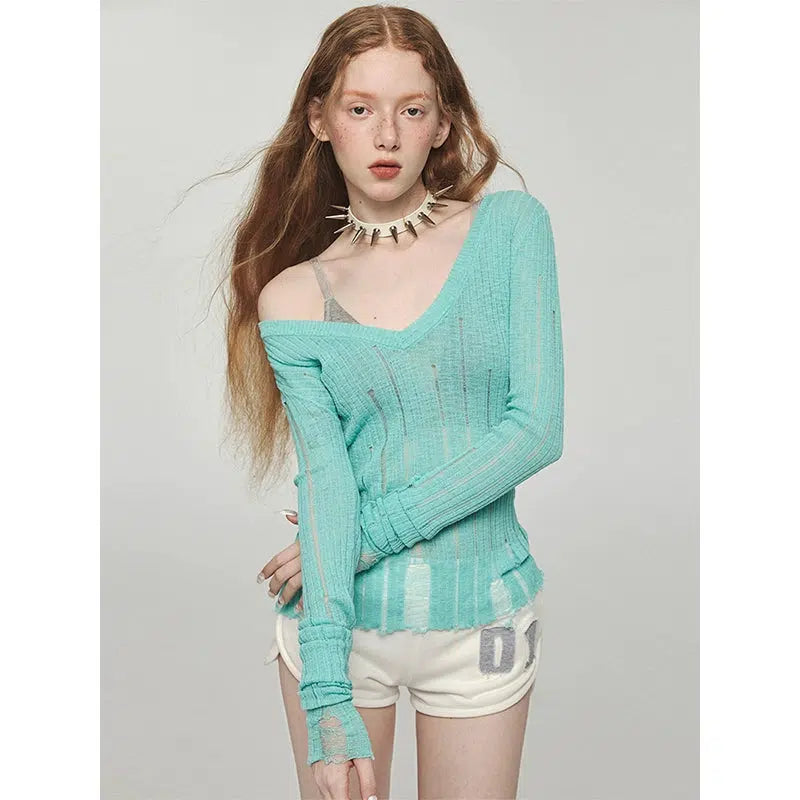 Jinn Slouchy Ripped V-Neck Sweater-korean-fashion-Sweater-Jinn's Closet-OH Garments