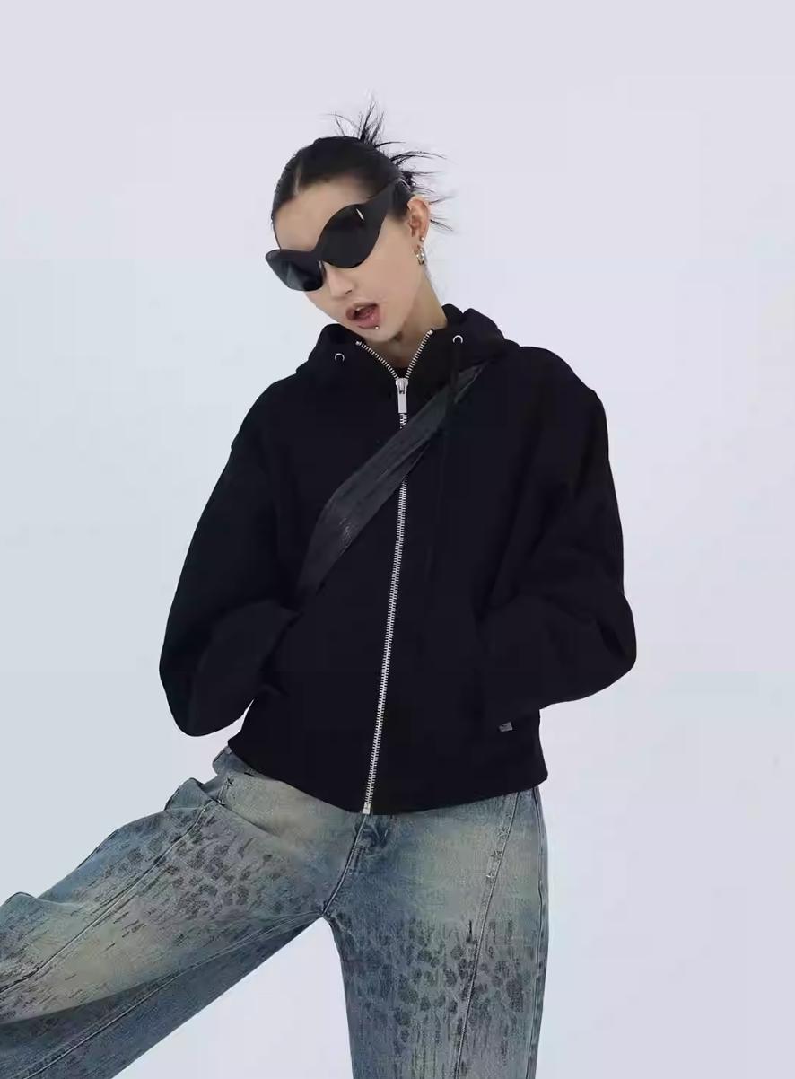 Kei Kangaroo Pocket Zippered Drawstring Hoodie-korean-fashion-Hoodie-Kei's Closet-OH Garments