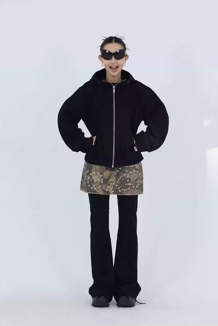 Kei Kangaroo Pocket Zippered Drawstring Hoodie-korean-fashion-Hoodie-Kei's Closet-OH Garments