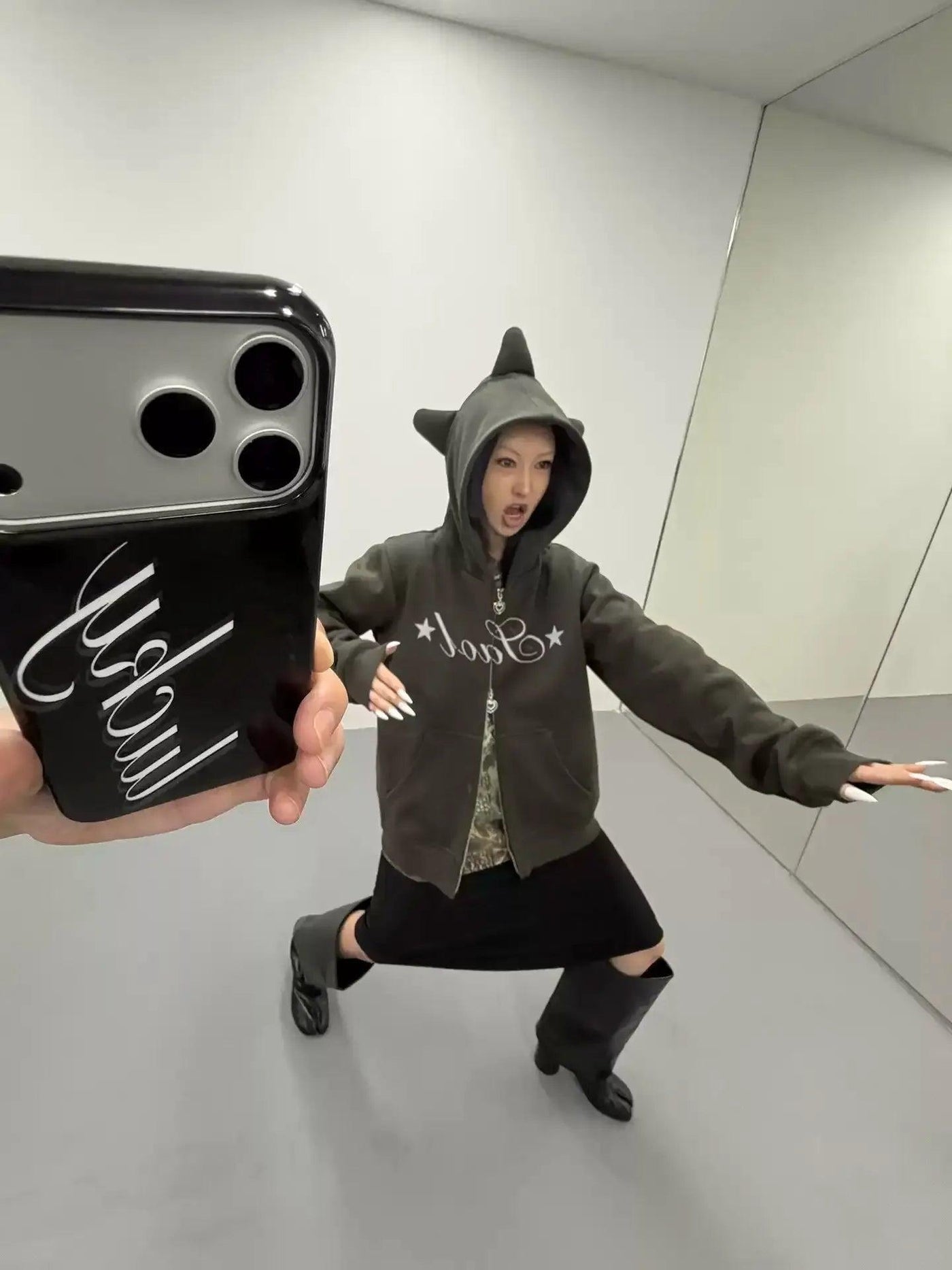 Kei Lettered & Stars Horn Zip-Up Hoodie-korean-fashion-Hoodie-Kei's Closet-OH Garments