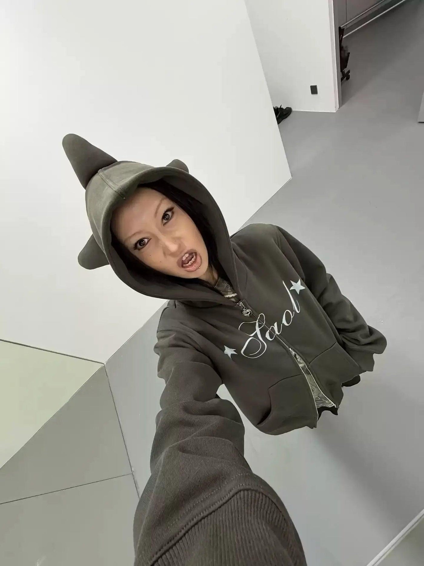 Kei Lettered & Stars Horn Zip-Up Hoodie-korean-fashion-Hoodie-Kei's Closet-OH Garments